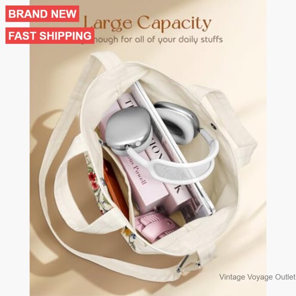 Large Canvas Crossbody Tote Bag with Zipper and Interior Pocket for Work - Picture 6 of 7